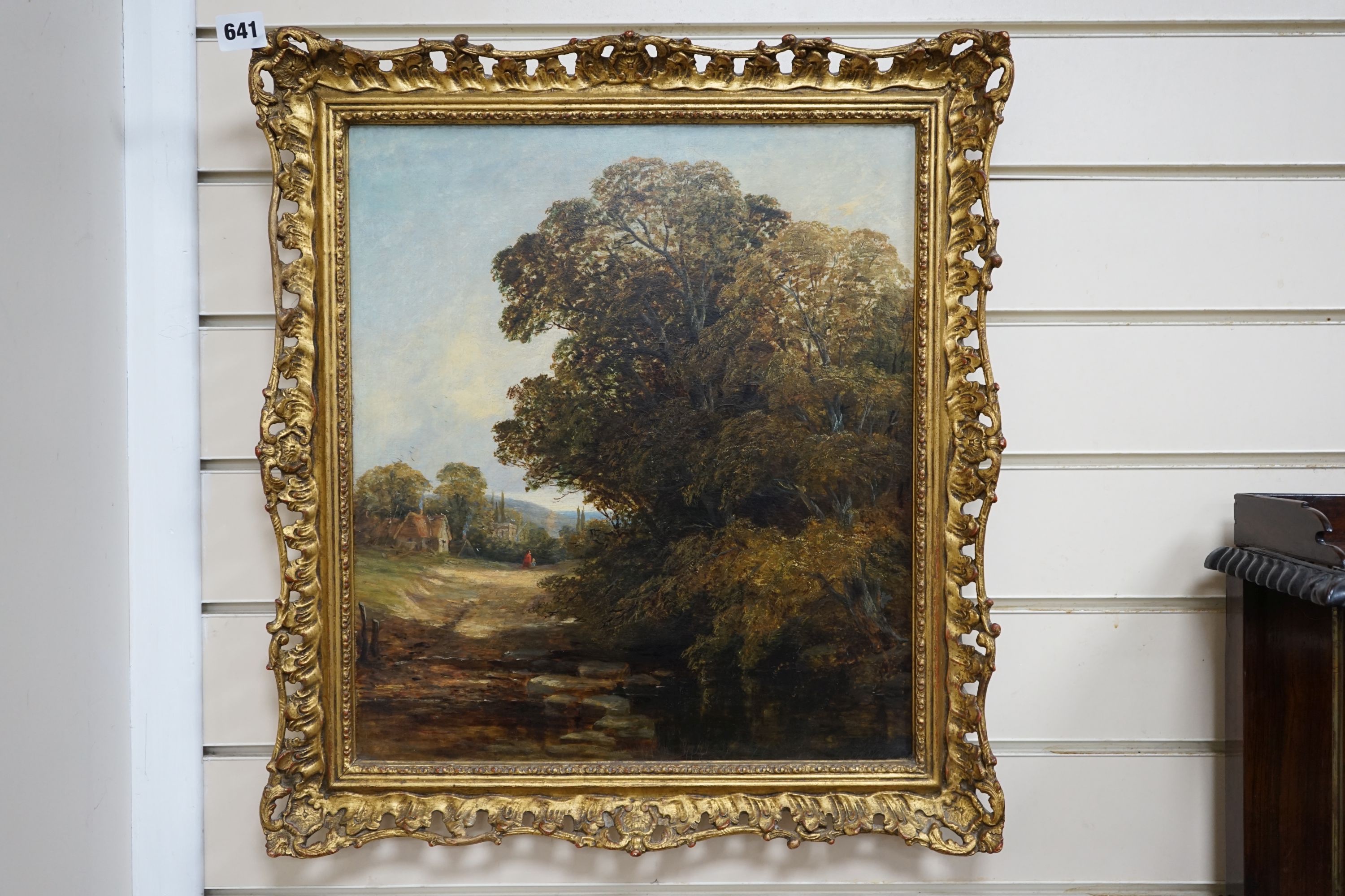 Thomas Creswick (1811-1869), oil on canvas, Travellers in a wooded landscape, a village beyond, signed, 43 x 38cm